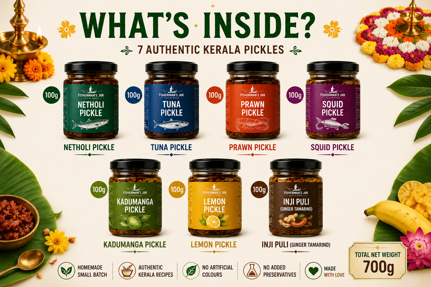 Fisherman's Jar Onam Special Gift Box – 7 Authentic Kerala Pickles (700g)