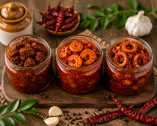 Kerala Seafood Trio – Tuna, Prawn & Squid Pickle Combo (3 × 250g)